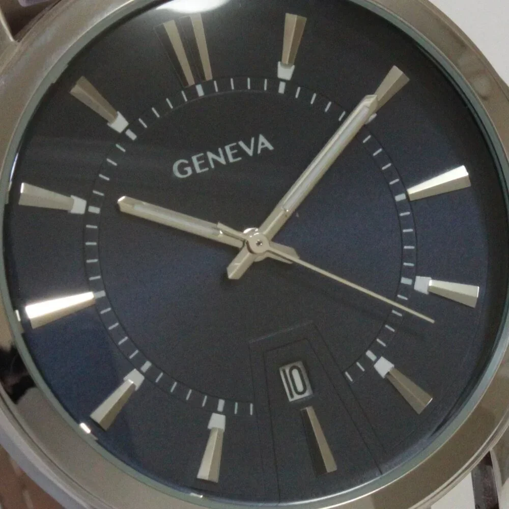 Geneva Men's Dress Watch Silver Tone Navy Blue Dial Brown Strap 42mm
